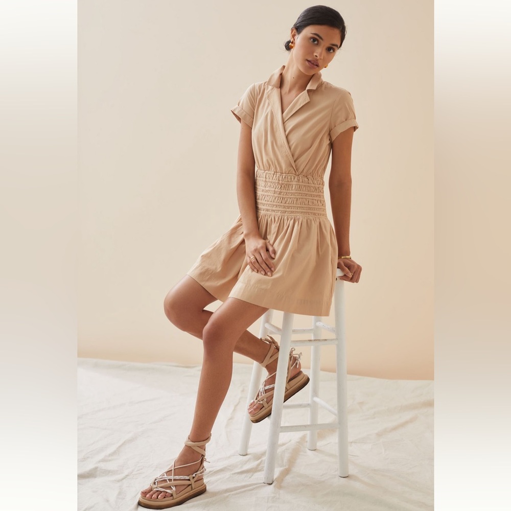 ANTHROPOLOGIE Tan Collared Smocked Surplice Mini Dress Size XS